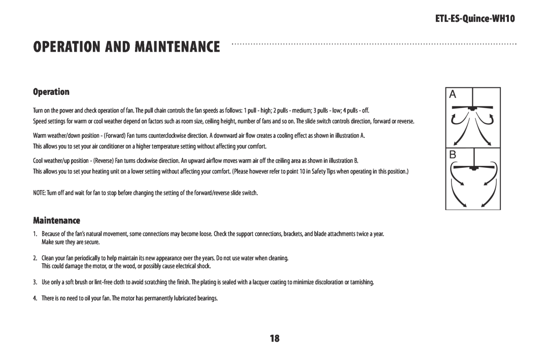 Westinghouse ETL-ES-Quince-WH10 owner manual Operation And Maintenance 